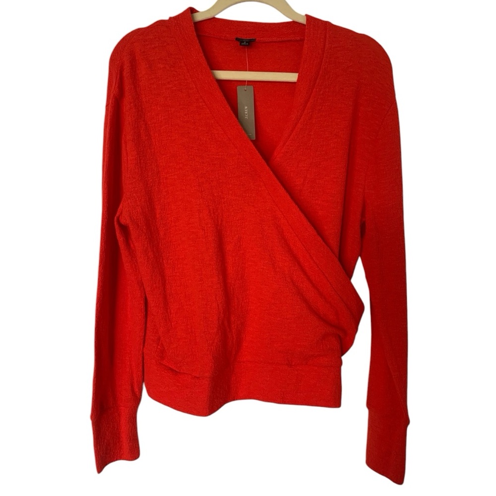 NWT J Crew Red Small Faux Wrap Long Sleeve Crepe 100% Cotton Casual Top